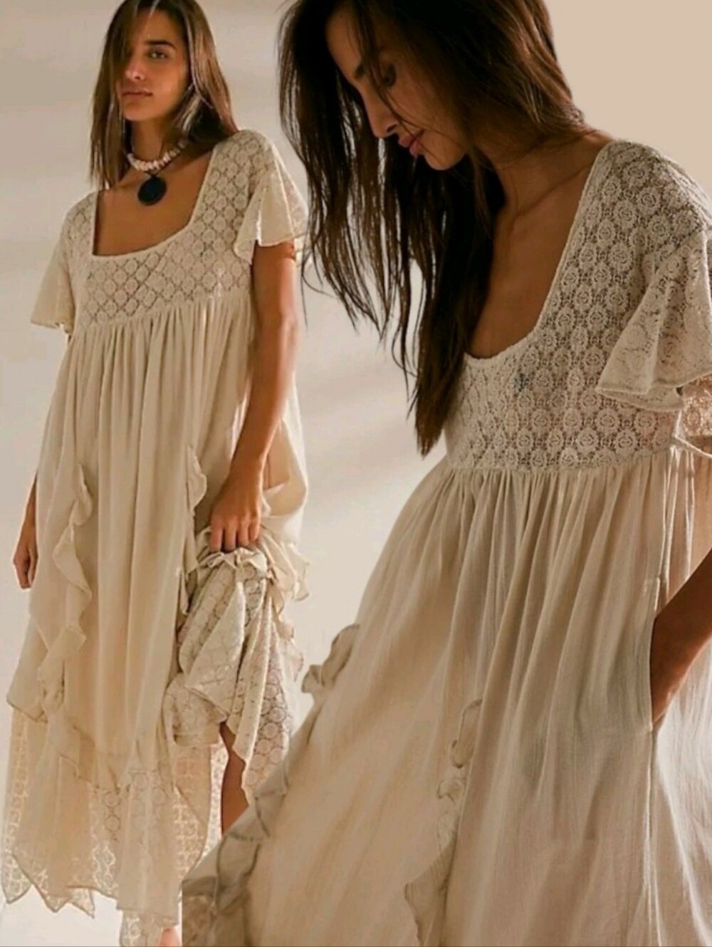 Free People Bring the Romance Midi Bohemian Lace-Inset Maxi Dress in Neutral - Picture 2 of 8